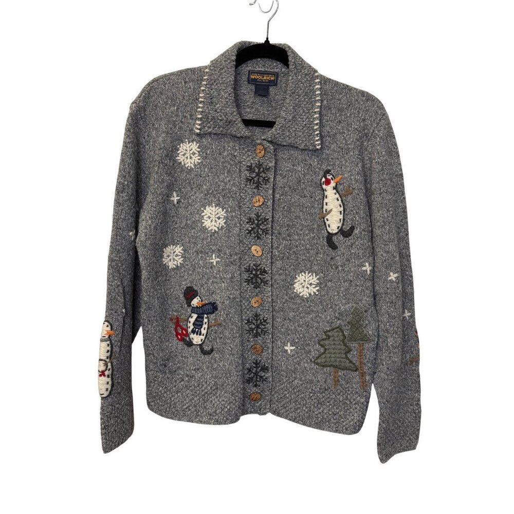 Woolrich Womens Snowman Cardigan Sweater Merino Wool Gray Sz Medium Cottagecore